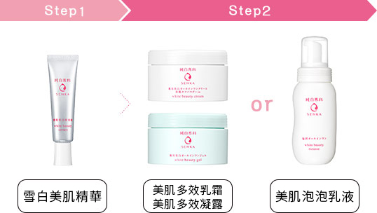 Step1：すっぴん白雪美容液／Step2：薬用美白オールインワンor泡状オールインワン