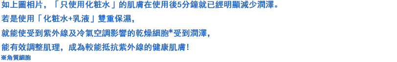 上の写真の通り，「化粧水のみ使用」の肌は，塗布5分後にうるおいが早くも減少。一方，「化粧水+乳液」でお手入れすると，紫外線や冷房の影響で増えてしまった乾燥細胞※をうるおい細胞※ に変えてくれるので，肌のキメが整い，紫外線ダメージ受けにくい肌を育んでくれるのです。 ※角層細胞